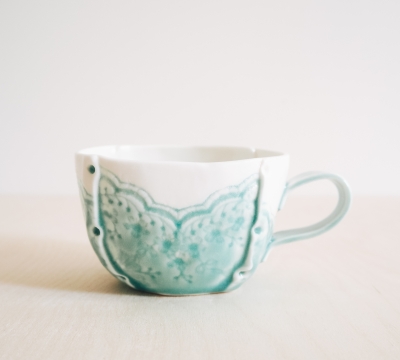A textured Porcelain Applique Mug .. ~ with Cath Ball of 'Stitched Ceramics'